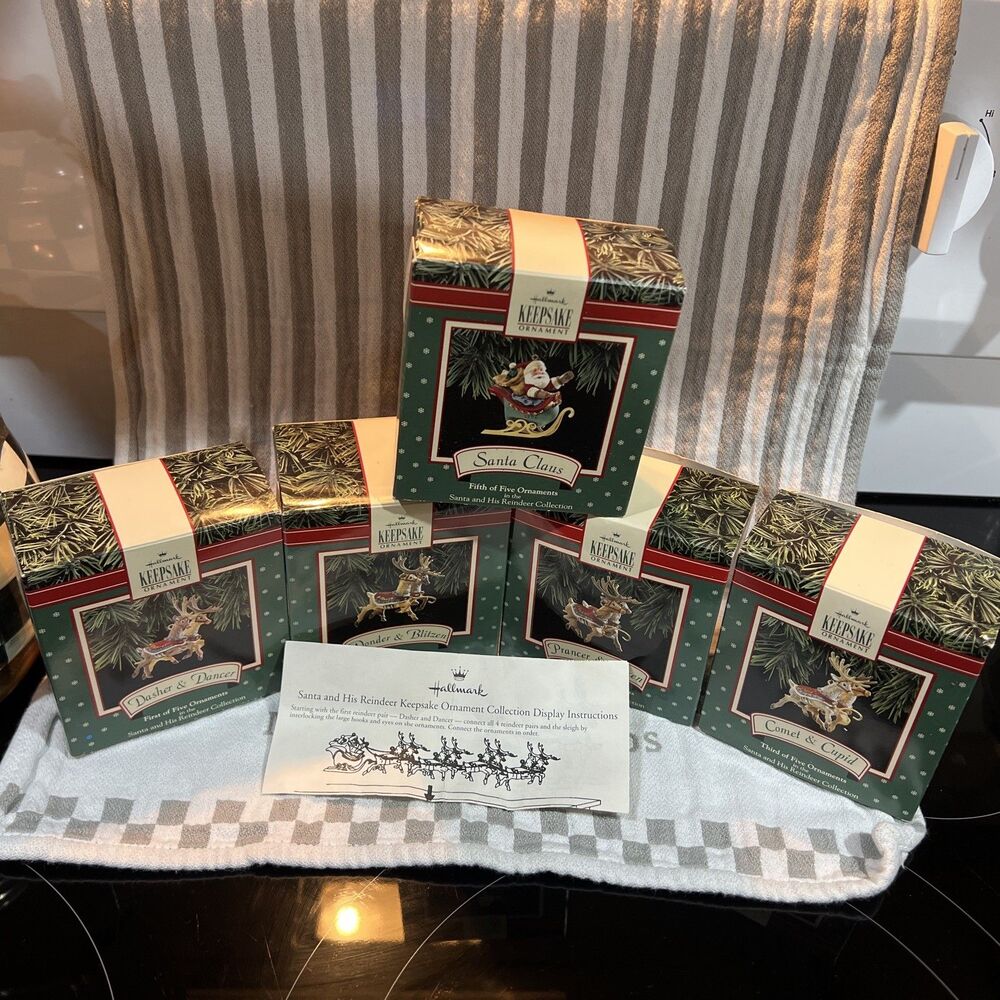1992 Hallmark Keepsake Ornament Complete Santa And His Reindeer Collection SET B
